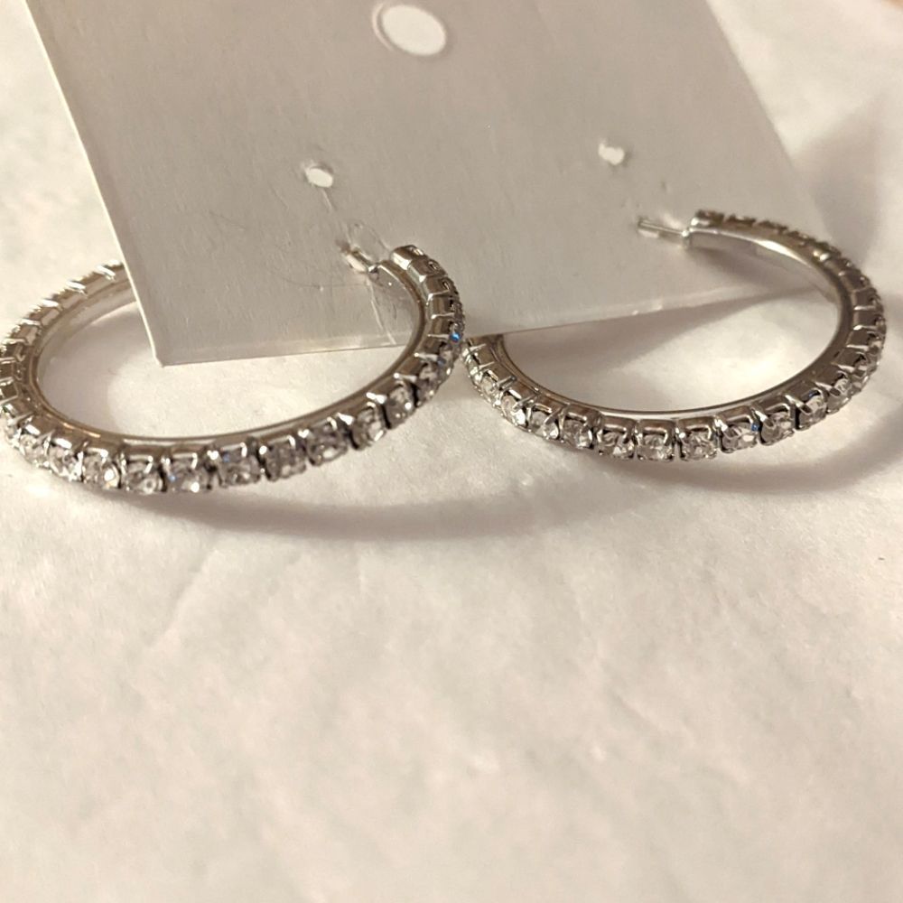 Silver Rhinestone Hoop Earrings Medium - Picture 5 of 8